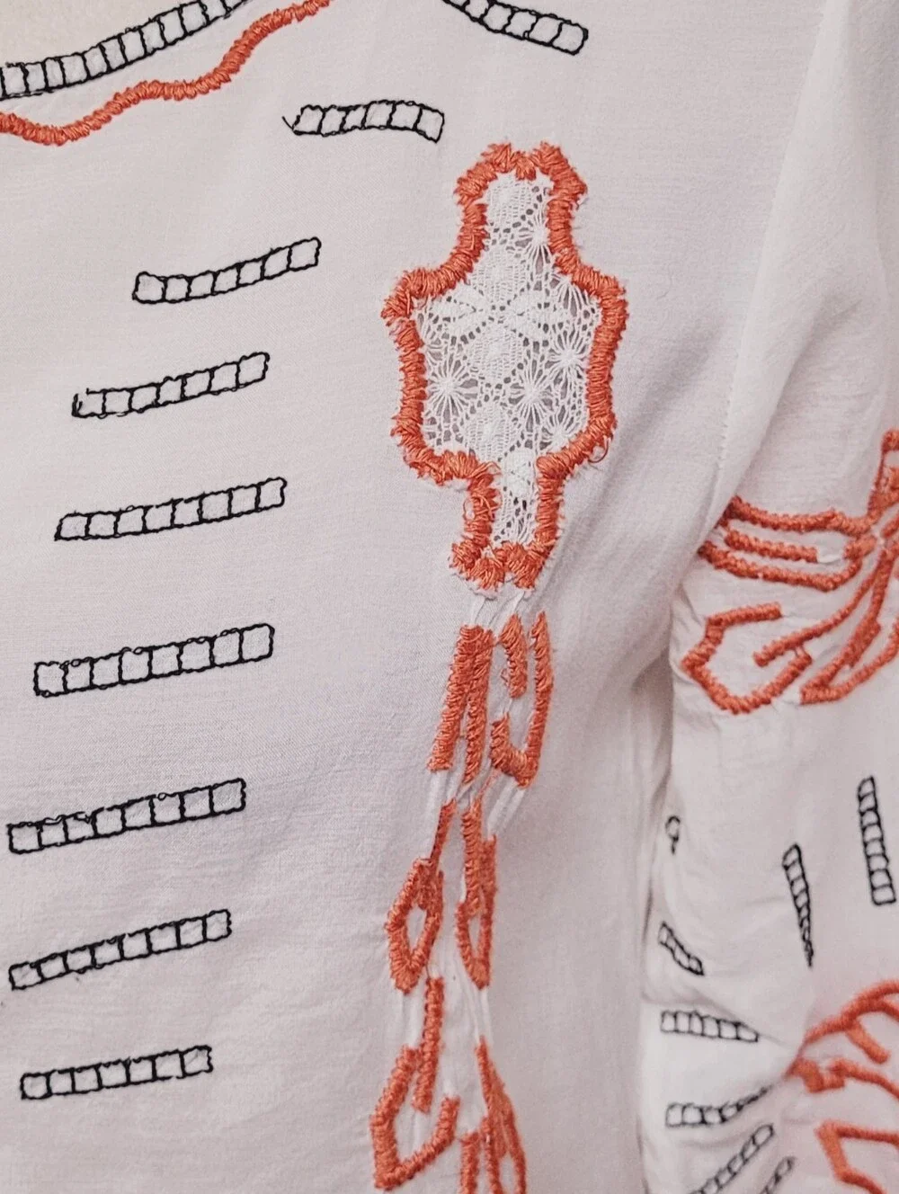 Free People White Burnt Orange Floral Flared Quarter Sleeve Blousen Top XS